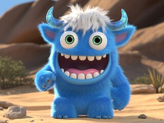 Naklejka premium Adorable Blue Cartoon Monster with Big Smile Standing in Desert Landscape Digital Illustration
