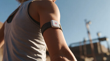 Wearable device on an athlete’s arm monitoring health and activity during training.
