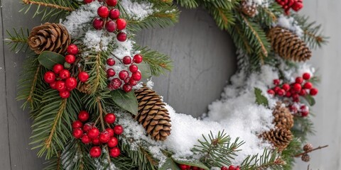Snowy Christmas Wreath Pine Cones and Red Berries on Gray Background
