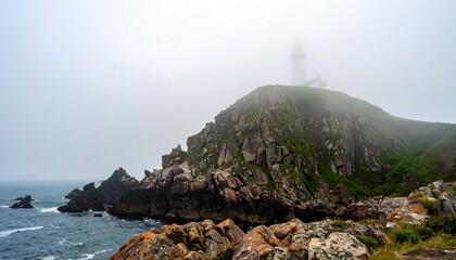 A misty coastal landscape showcases a rocky headland with a lighthouse shrouded in a light haze.
