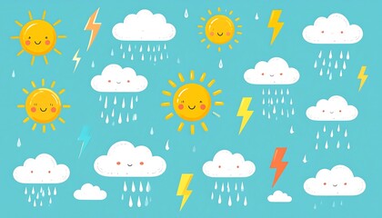 Fototapeta premium A cheerful, lighthearted pattern design features cartoon suns, clouds, raindrops, and bolts of lightning against a light teal background.