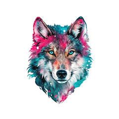 Naklejka premium Watercolor Wolf Portrait with Vibrant Colors and Stardust Details on Trensprent Background png