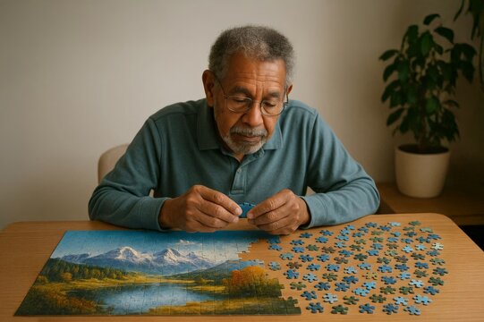 Elderly afro american man working on a nature-themed jigsaw puzzle indoors, placing the last piece with focus and patience.