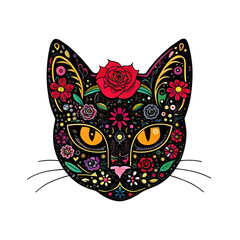 Naklejka premium Elegant floral sugar skull style cat head in vivid festive colors