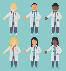 Fototapeta premium 6 Male and Female Doctor, Nurse or Veterinarian Character. Blonde and Black Hairs, White, Brown and Black Skins, Wearing a White Doctor's Coat.