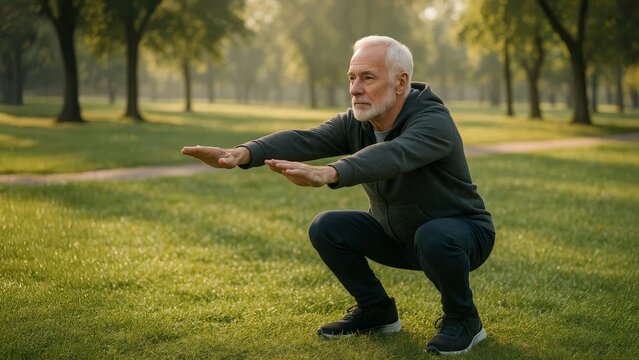 Senior man exercising in a park, wearing a dark hoodie, performing deep squats on a grassy field in the morning light. - Powered by Adobe