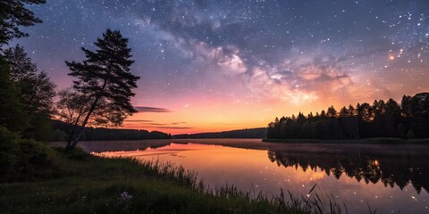 Starry Lake Reflection Dusk's Embrace and Forest Silhouette