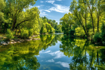Tranquil River Scene: Lush greenery reflects in the calm waters under a bright, partly cloudy sky.