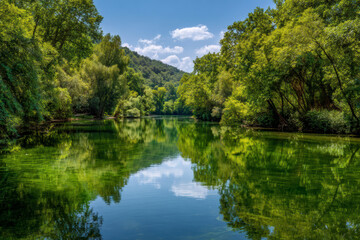 Still waters reflect a verdant forest, creating a serene and picturesque natural scene under a blue sky.