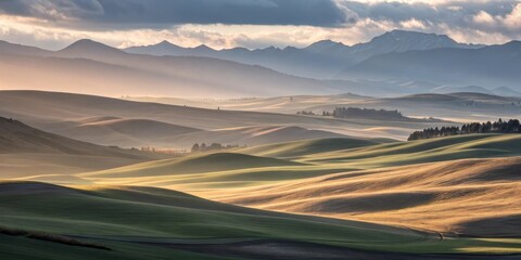 Sunrise Over Rolling Hills and Mountains Landscape Photography Composition, Golden Hour Light, Palouse Hills, Washington State,USA Keywords Palouse, Landscape photography