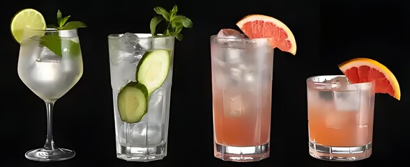 Cocktail Trio: Artfully crafted cocktails, garnished with citrus, herbs, and other accents, stand against a sleek, dark backdrop, inviting refreshment and a taste of sophisticated mixology.