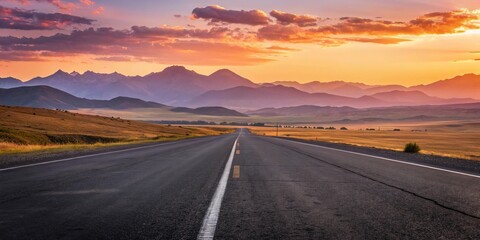Naklejka premium Sunset Highway Vibrant Landscape Photography, Open Road, Mountain Range, Golden Hour, Travel, Adventure Keywords Landscape, Photography