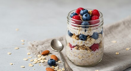Delicious overnight oats with fresh raspberries and blueberries makes a healthy breakfast option to start the day