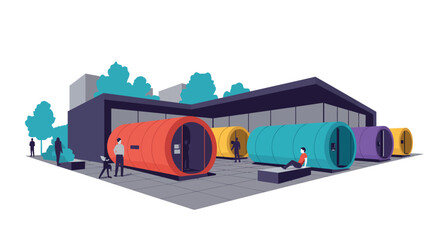 Modern tiny office pods with people in a vibrant urban setting