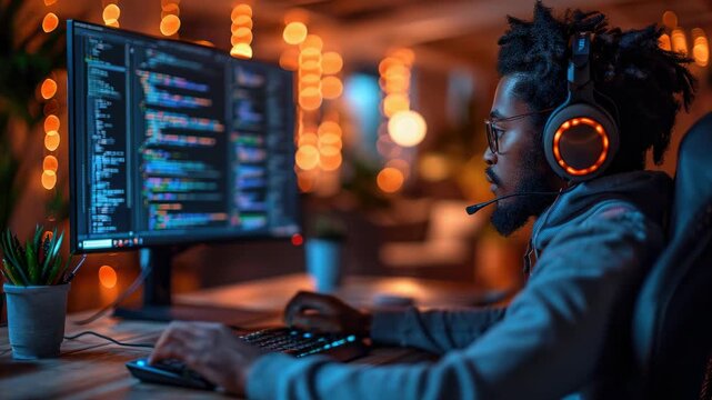 Engaging in late-night coding session with colorful lights illuminating the workspace and creating a focused atmosphere