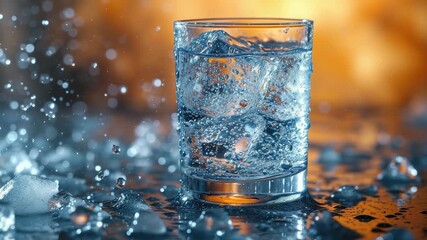 Crystal clear water splashes from a glass as ice cubes melt in a summer setting - Powered by Adobe