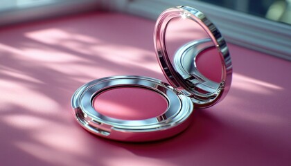 Elegant pink blush compact with mirror on pink textured surface. Perfect for beauty blogs, advertisements, makeup tutorials and product mockups.