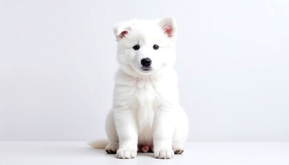 Adorable white puppy sitting against a plain background.