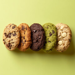 Assorted cookies: chocolate chip, sugar, matcha, and double chocolate arranged on a green background.