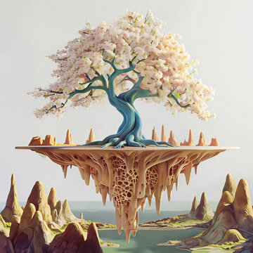 albero di pesco in fiore sopra una roccia sospesa su di un precipizio, peach tree in bloom on a rock suspended over a cliff