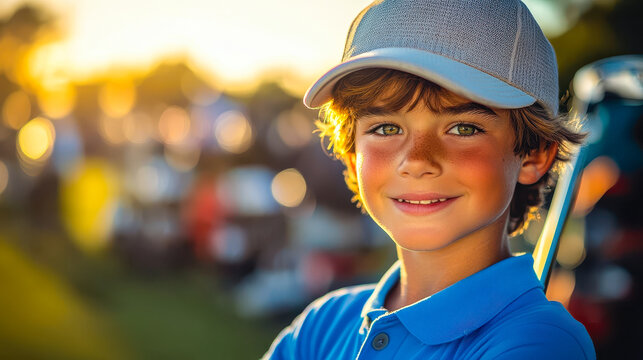 Happy Young Boy at Golf Training Session on Golf Course, Smiling at Camera Under Golden Hour Light, Learning and Enjoying Sports, Childhood Leisure Activity