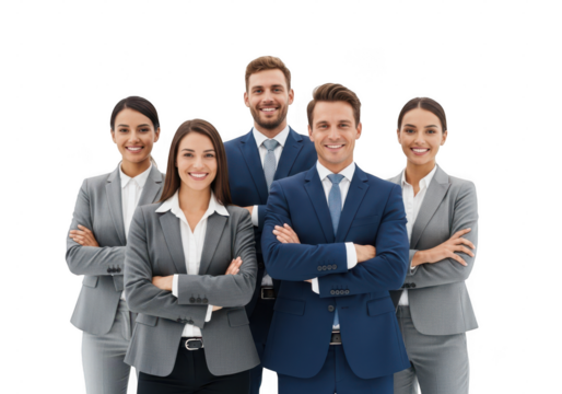 A diverse team of five business professionals standing together, isolated on transparent background