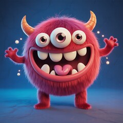 Naklejka premium Cute and Fuzzy Monster with Three Eyes Wide Smile and Playful Pose Illustration for Kids