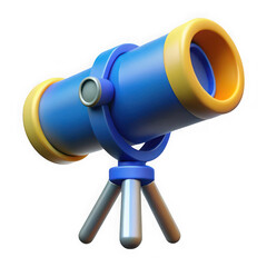 Stylized cartoonish blue and yellow telescope on a tripod for scientific exploration and astronomy