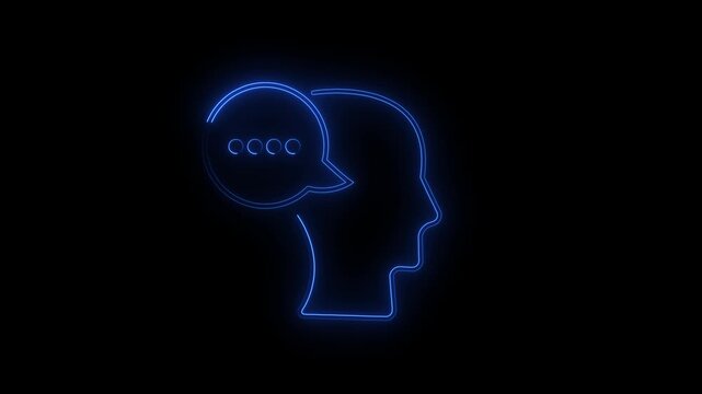 glowing neon Profile of thinking man with bubble with blinking grey dots on black chroma key background computer generated imagery.and 4k video animation .