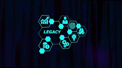 Legacy business growth strategy success concept with financial investment and teamwork icons animated on dark digital background with glowing grid lines and bokeh effects - Powered by Adobe