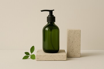 Elegant green glass dispenser with natural stone and foliage, showcasing minimalist product display for beauty and wellness brands.