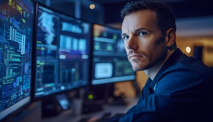 Fototapeta premium A focused professional working intensely at multiple computer screens, analyzing data and managing complex information in a modern office environment, embodying productivity and de