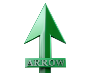 Green arrow with the word arrow on a plaque, pointing upwards, isolated on transparent background