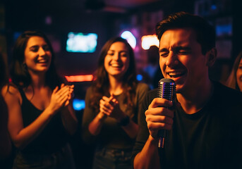 Fototapeta premium Friends enjoying karaoke night with laughter and singing into a microphone