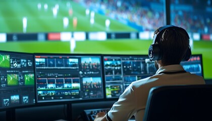 A professional sports analyst monitors multiple screens during a live football match, showcasing high-tech broadcasting equipment.