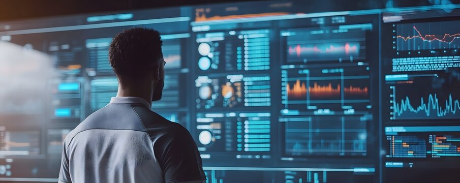 A professional examines advanced data analytics on multiple screens, showcasing modern technology and innovation in data science.