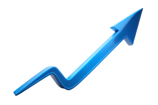 Blue arrow pointing upwards indicating growth and success, isolated on transparent background