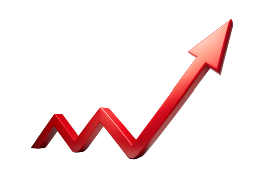 Red arrow pointing upwards indicating growth and success, isolated on transparent background - Powered by Adobe
