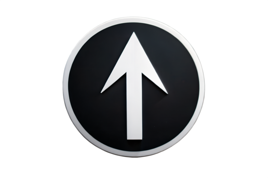 White arrow pointing upwards on a black circular background isolated on white isolated on transparent background