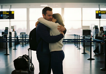 Emotional reunion airport couple hugging joyful embrace meeting after travel