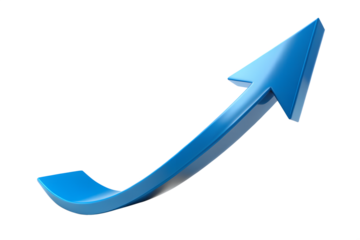 Curved blue arrow showing upward trend and progress, isolated on transparent background