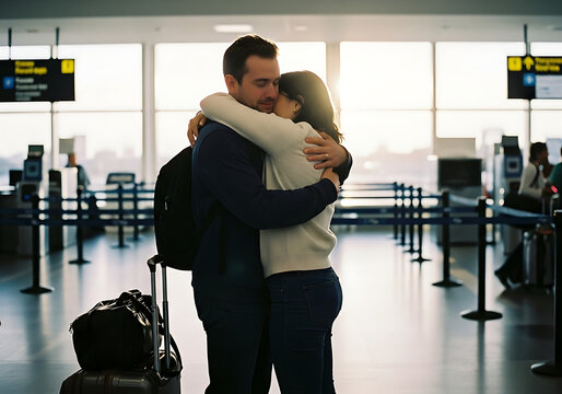 Emotional reunion airport couple hugging joyful embrace meeting after travel