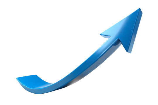 Curved blue arrow showing upward trend and progress, isolated on transparent background