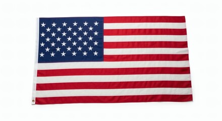 A highly detailed photo-realistic US flag illustration, isolated on plain white background, featuring fabric texture, visible stitching, natural folds, and realistic shadows