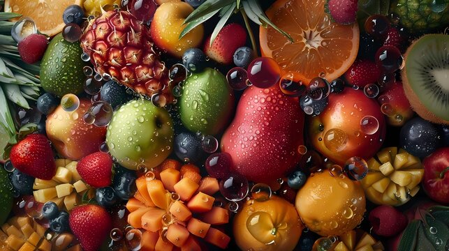 A lots of delicious tropical fruits with drops of moisture on table, a lot of details,floating colorful water, Generative AI illustrations.