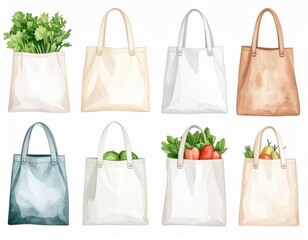 Collection of Colorful Tote Bags with Fresh Herbs and Produce Isolated on White