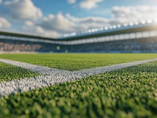 A vibrant close-up view of a soccer field with freshly cut grass and visible white lines. Bright skies and a stadium in the background enhance the excitement of outdoor sports.