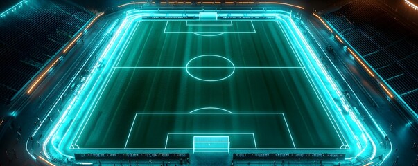 Obraz premium Aerial view of a modern soccer field illuminated with vibrant neon lights