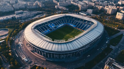 Aerial view of a modern stadium surrounded by urban landscape