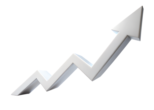 White arrow showing upward trend and growth, isolated on transparent background